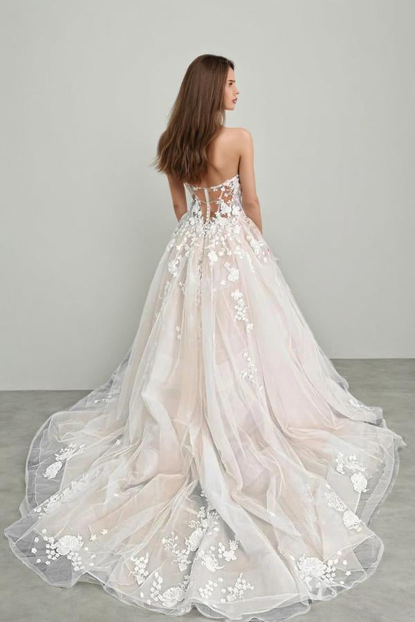 Champagne Tulle Lace Elegant Wedding Dresses Strapless Bridal Gowns