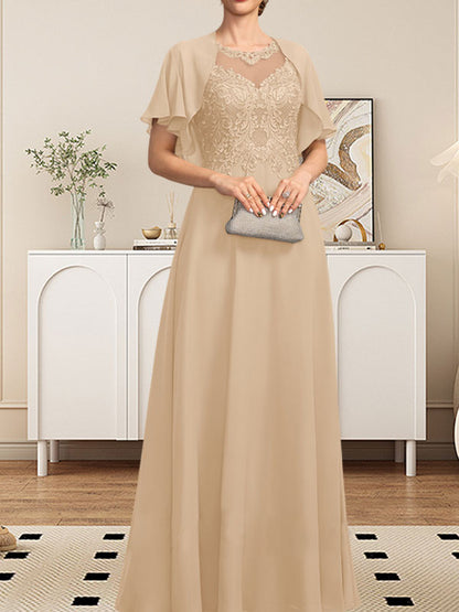 A-Linie, U-Ausschnitt, Illusion, bodenlanges Spitzen-Chiffon-Kleid für die Brautmutter mit Pailletten