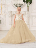 Elegant Sleeveless Tulle Flower Girl Dress With Applique Lace And Sweep Train