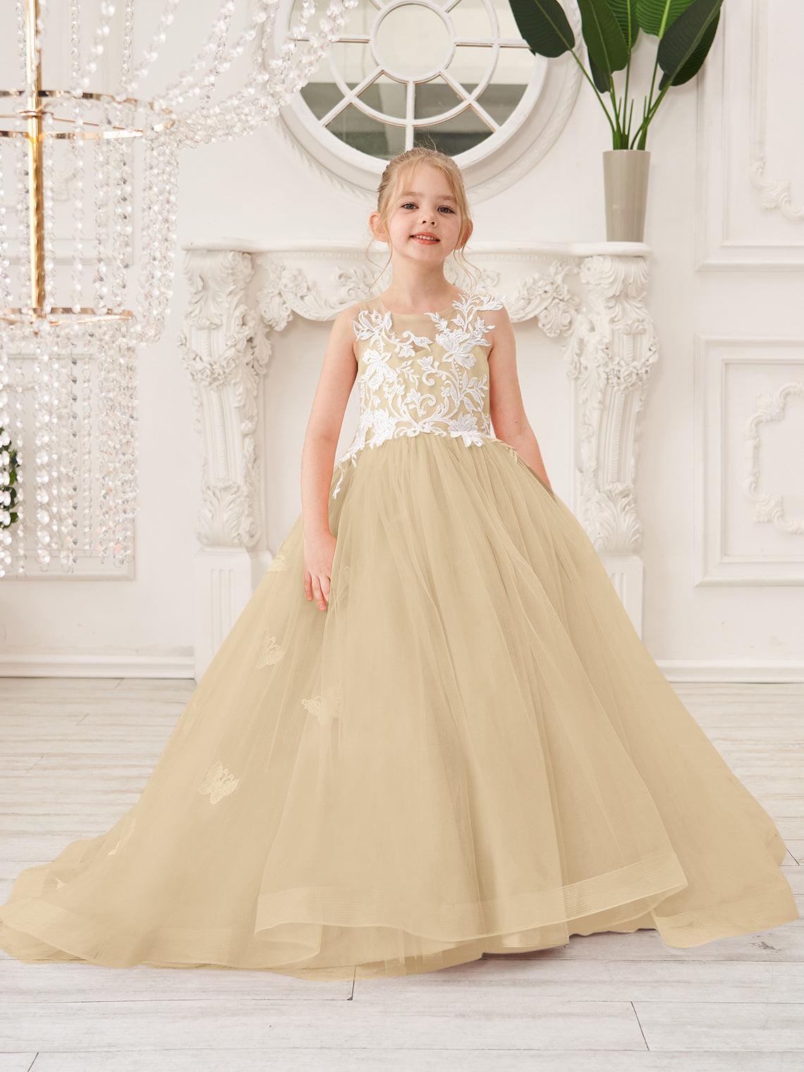 Elegant Sleeveless Tulle Flower Girl Dress With Applique Lace And Sweep Train