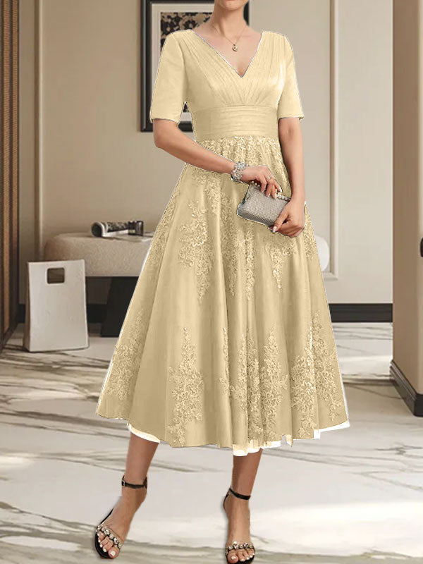 A-Linie V-Ausschnitt Wadenlanges Tüll-Spitzenkleid für die Brautmutter mit Plissee