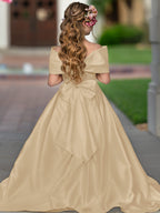 Ivory Satin Flower Girl Princess Ball Gown With Sweep Train And Bow Trim