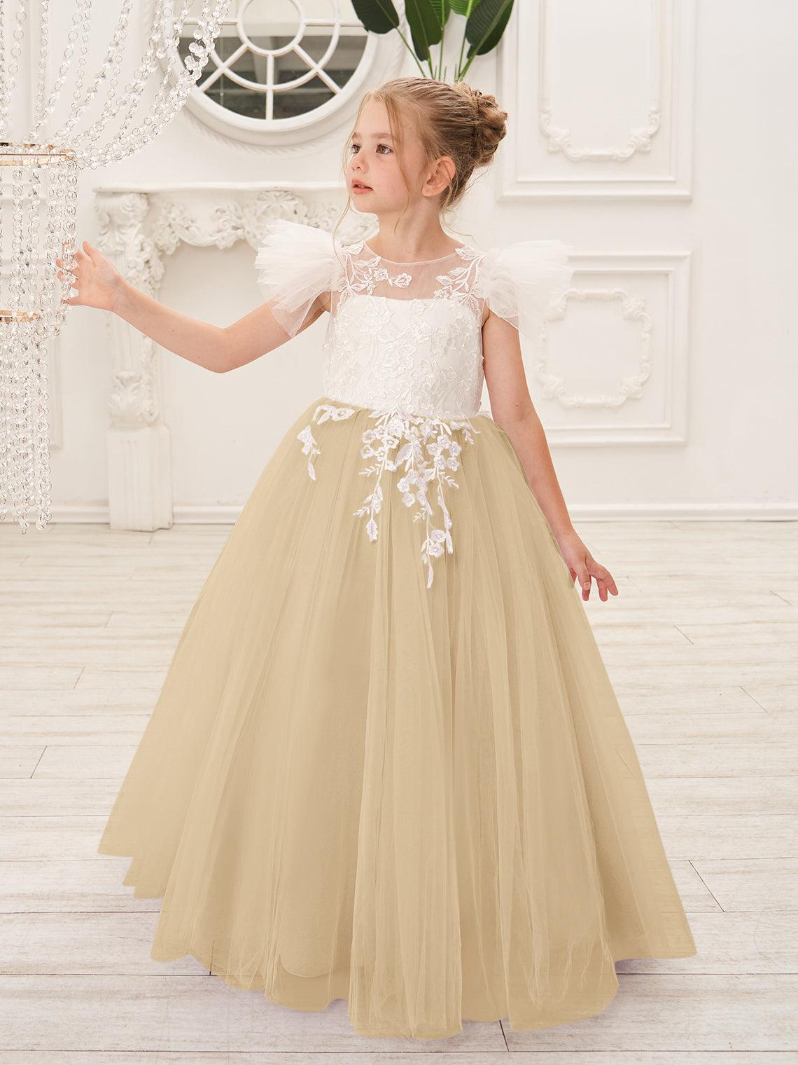 Detachable Lace Tulle Flower Girl Dress With Bow And Sweep Train