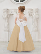 Detachable Lace Tulle Flower Girl Dress With Bow And Sweep Train