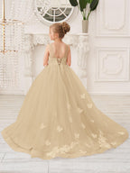 Elegant Sleeveless Tulle Flower Girl Dress With Applique Lace And Sweep Train