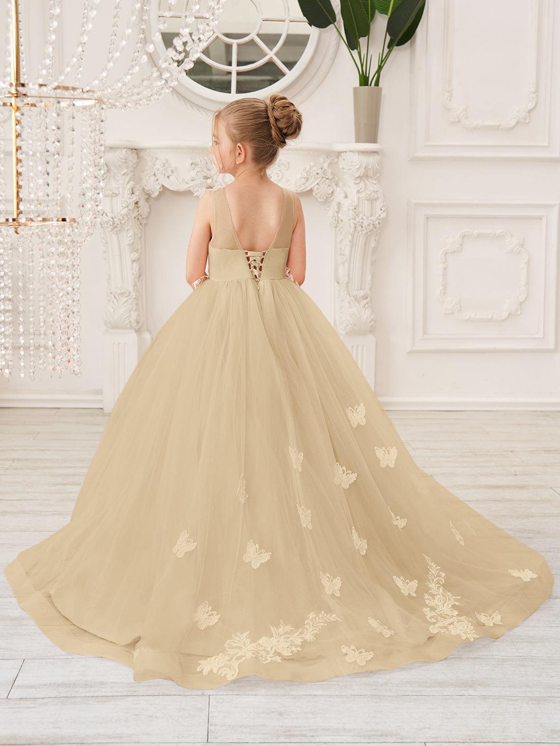 Elegant Sleeveless Tulle Flower Girl Dress With Applique Lace And Sweep Train