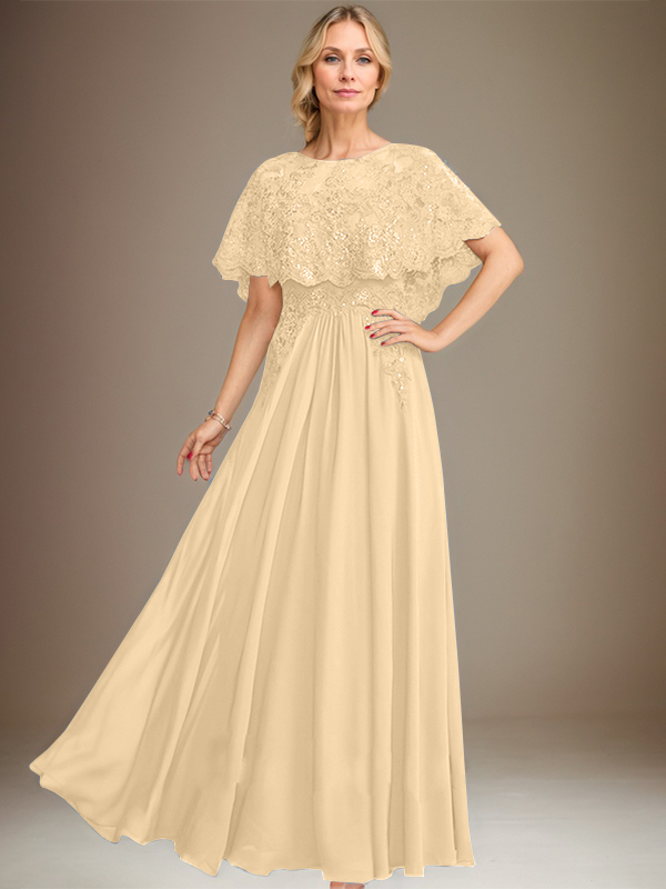 Robe de mère de la mariée en mousseline de soie à dentelle, longueur au sol, en ligne A, col bateau, ornée d'appliques à paillettes