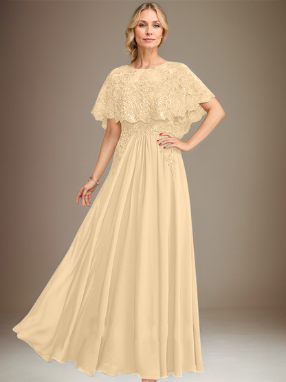 Vestido de madre de la novia de gasa con encaje, escote barco, largo hasta el suelo, con apliques de lentejuelas 