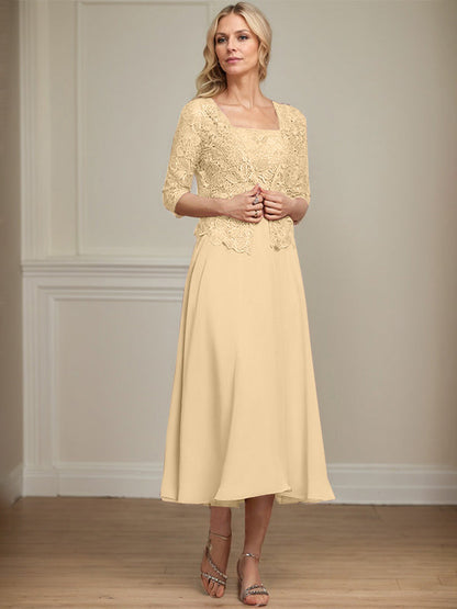A-Linie Quadratisches Wadenlanges Chiffon-Spitzenkleid für die Brautmutter mit Pailletten und Perlen 