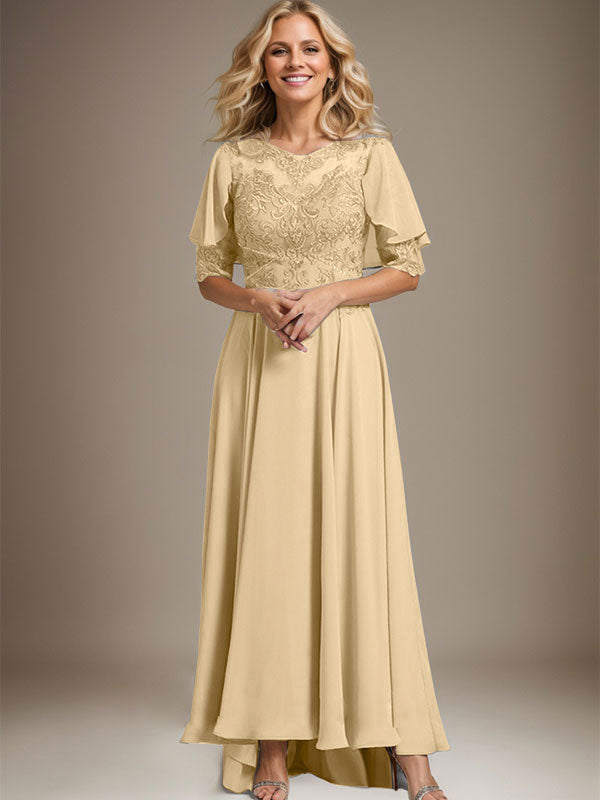 Robe de mère de la mariée en mousseline et dentelle asymétrique à encolure dégagée en ligne A avec perles
