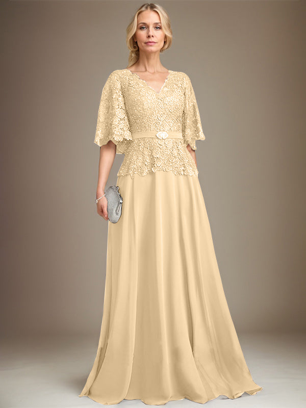 A-Linie V-Ausschnitt Bodenlang Chiffon Spitze Mutter der Braut Kleid Mit Kristall Brosche Strass 