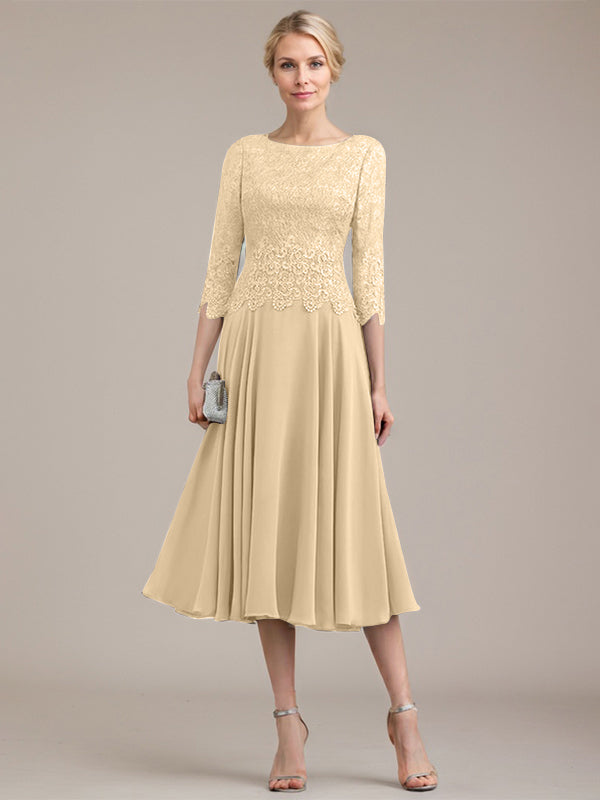 A-Linie U-Ausschnitt Wadenlang Chiffon-Kleid für die Brautmutter 