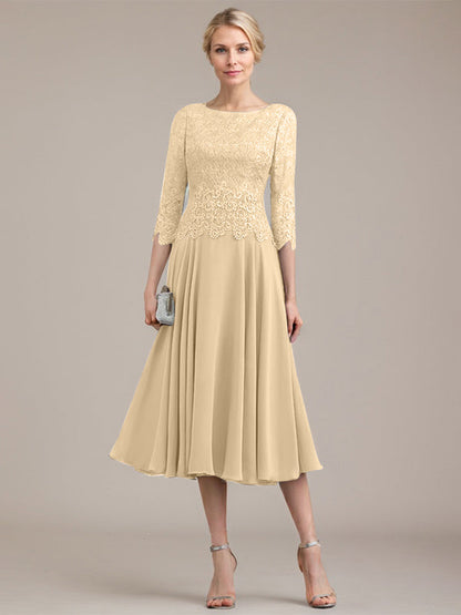 A-Linie U-Ausschnitt Wadenlang Chiffon-Kleid für die Brautmutter 