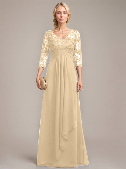Vestido de madre de la novia de gasa con encaje, escote en V, largo hasta el suelo, con volantes en cascada y lentejuelas 