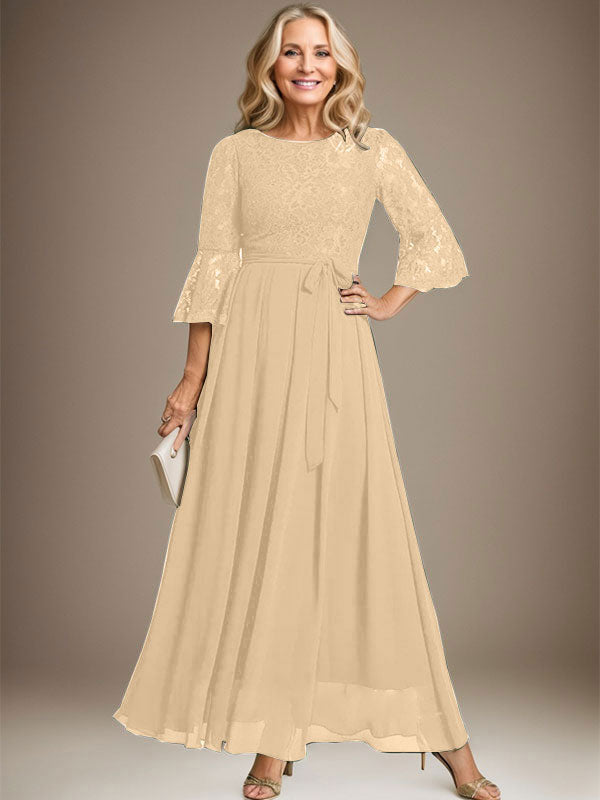 Robe de mère de la mariée en mousseline de soie à dentelle, longueur cheville, en forme trapèze avec encolure dégagée et nœud