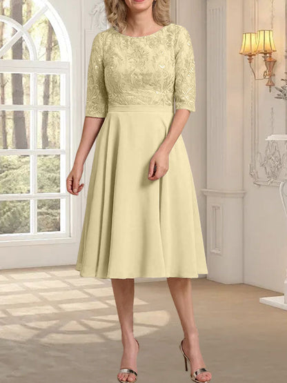 A-Linie U-Ausschnitt Knielang Chiffon Spitzenkleid für die Brautmutter
