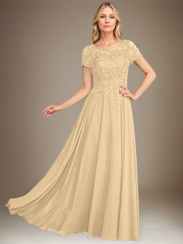 Robe de mère de la mariée en mousseline, longueur au sol, coupe en A, décolleté arrondi, ornée d'appliques et de paillettes
