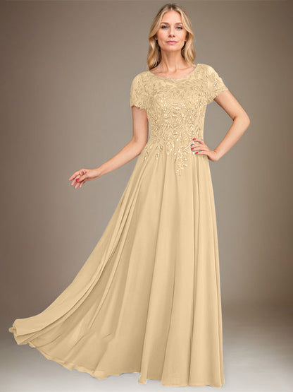 Vestido de gasa para madre de la novia, corte A, largo hasta el suelo, con apliques y lentejuelas 