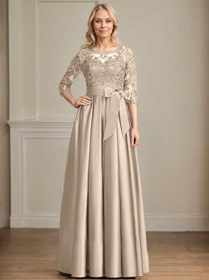 A-Linie, U-Ausschnitt, Illusion, bodenlanges Satin-Spitzenkleid für die Brautmutter mit Paillettenschleife 