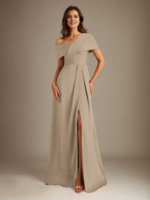 Robe de mère de la mariée en satin, longueur au sol, encolure asymétrique en ligne A avec plis