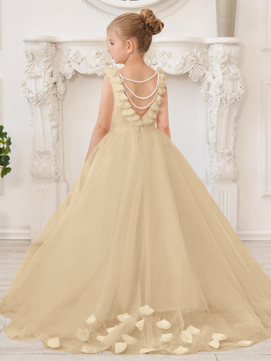 Elegant White Tulle Flower Girl Applique Lace Dress With Sweep Train