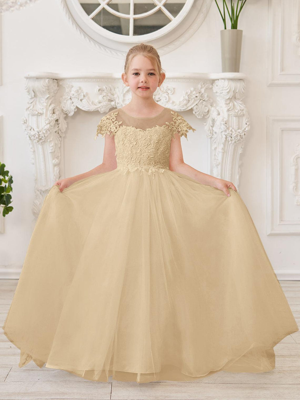 Ivory Lace Tulle First Communion Flower Girl Dress With Detachable Train