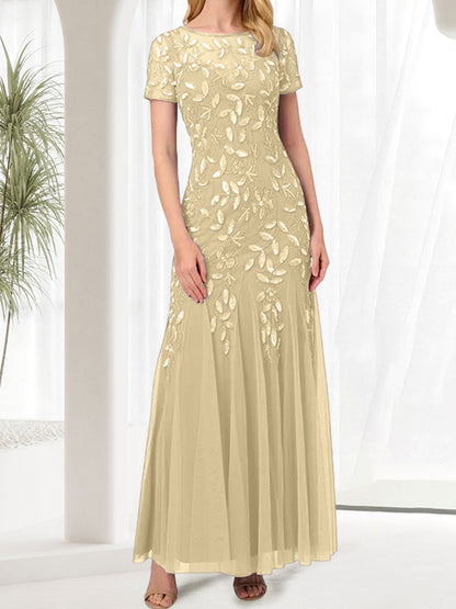 Vestido largo de sirena azul con cuello redondo para madre de la novia con cuentas