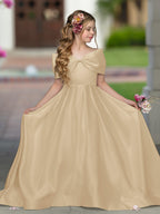 Ivory Satin Flower Girl Princess Ball Gown With Sweep Train And Bow Trim