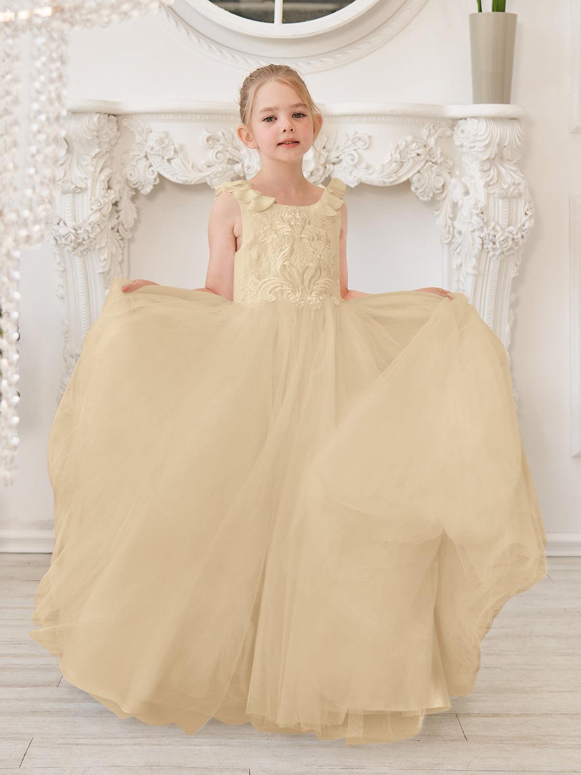 Elegant White Tulle Flower Girl Applique Lace Dress With Sweep Train