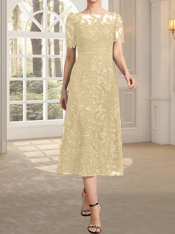 A-Linie, U-Ausschnitt, Illusion, knielang, Spitze, Kleid für die Brautmutter mit Pailletten