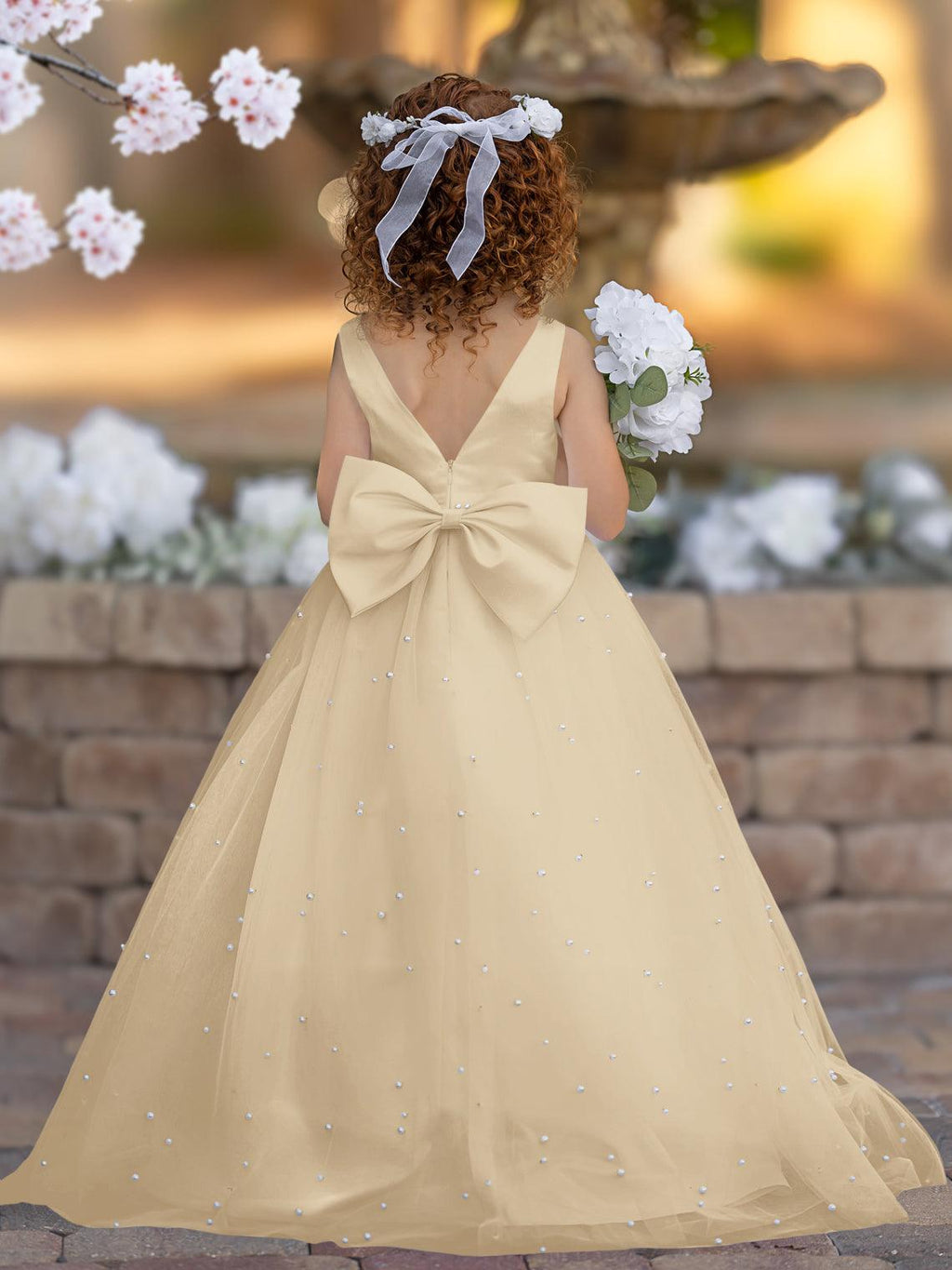 Floor Length V Neck Satin Tulle Princess Flower Girl Dress