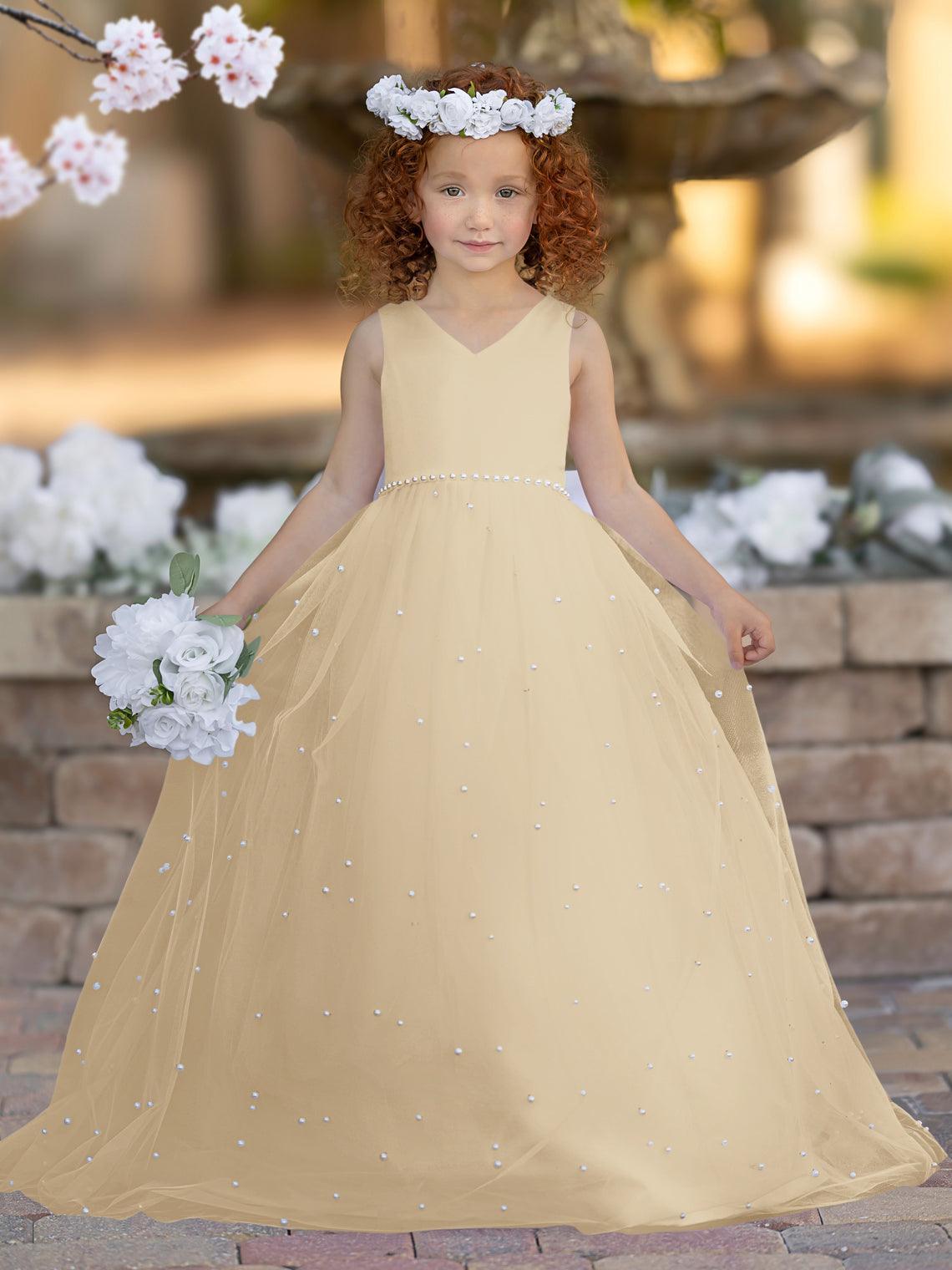 Floor Length V Neck Satin Tulle Princess Flower Girl Dress