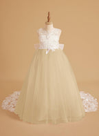 Sleeveless Princess Flower Girl Dress With Detachable Train And Beaded Lace