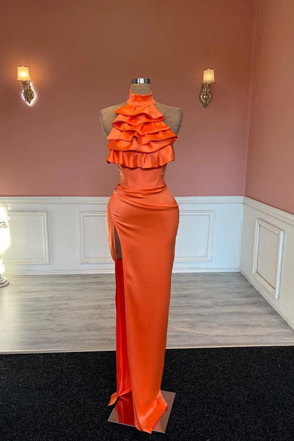 Charming High Neck Mermaid Stain Ruffles Prom Dress with Split