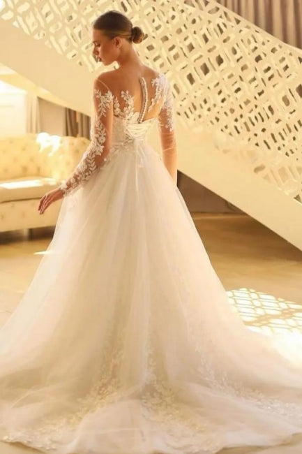 Robe de mariée longue charmante en dentelle, manches longues, jupe évasée en tulle