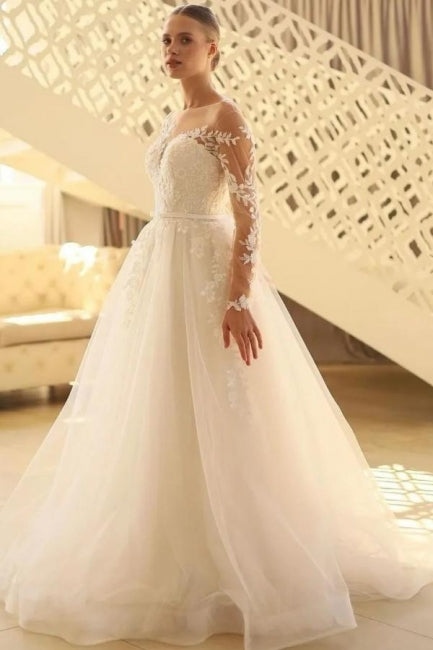 Robe de mariée longue charmante en dentelle, manches longues, jupe évasée en tulle