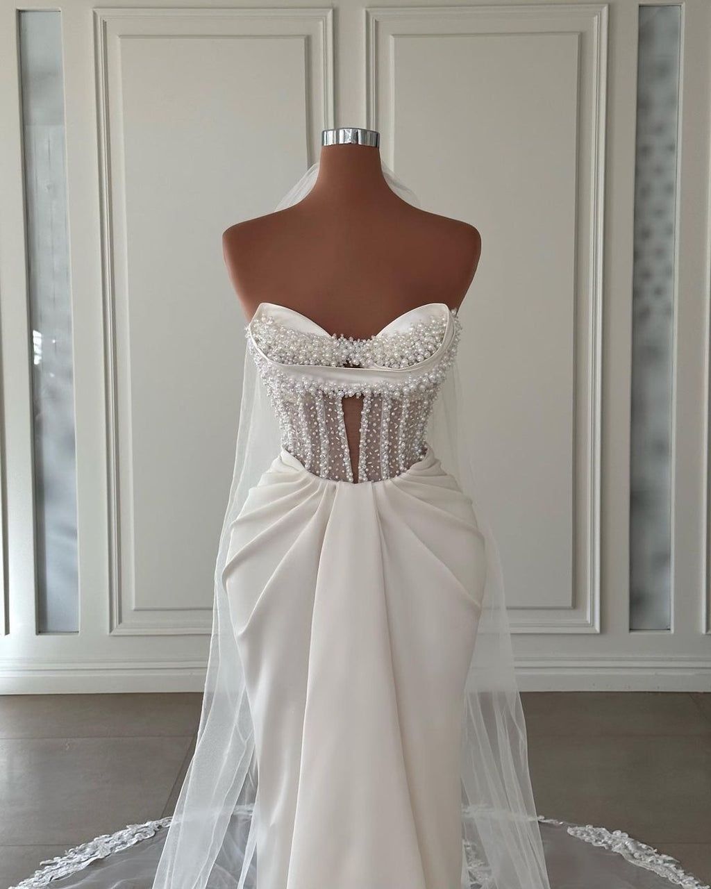 Ivory Mermaid Satin Wedding Dress With Pearl Embellishments Sleeveless