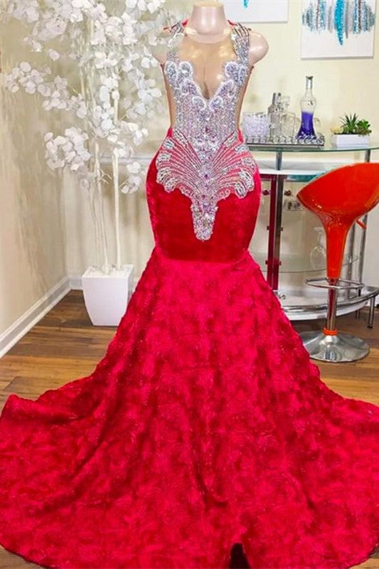 Charmantes langes Meerjungfrau-Juwelen-Satin-Ballkleid mit Perlenbesatz in Rot