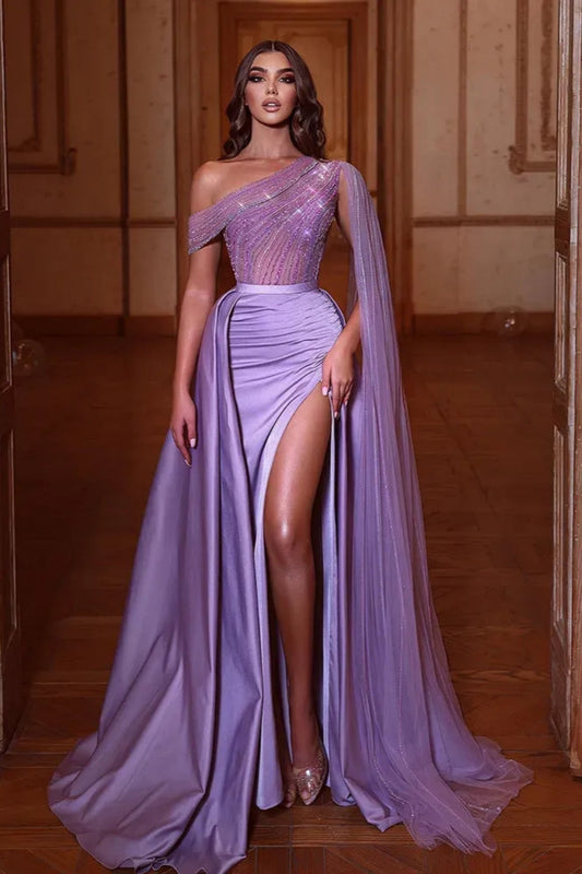 Encantador vestido de fiesta de noche de satén con un solo hombro, corte sirena y abertura lateral