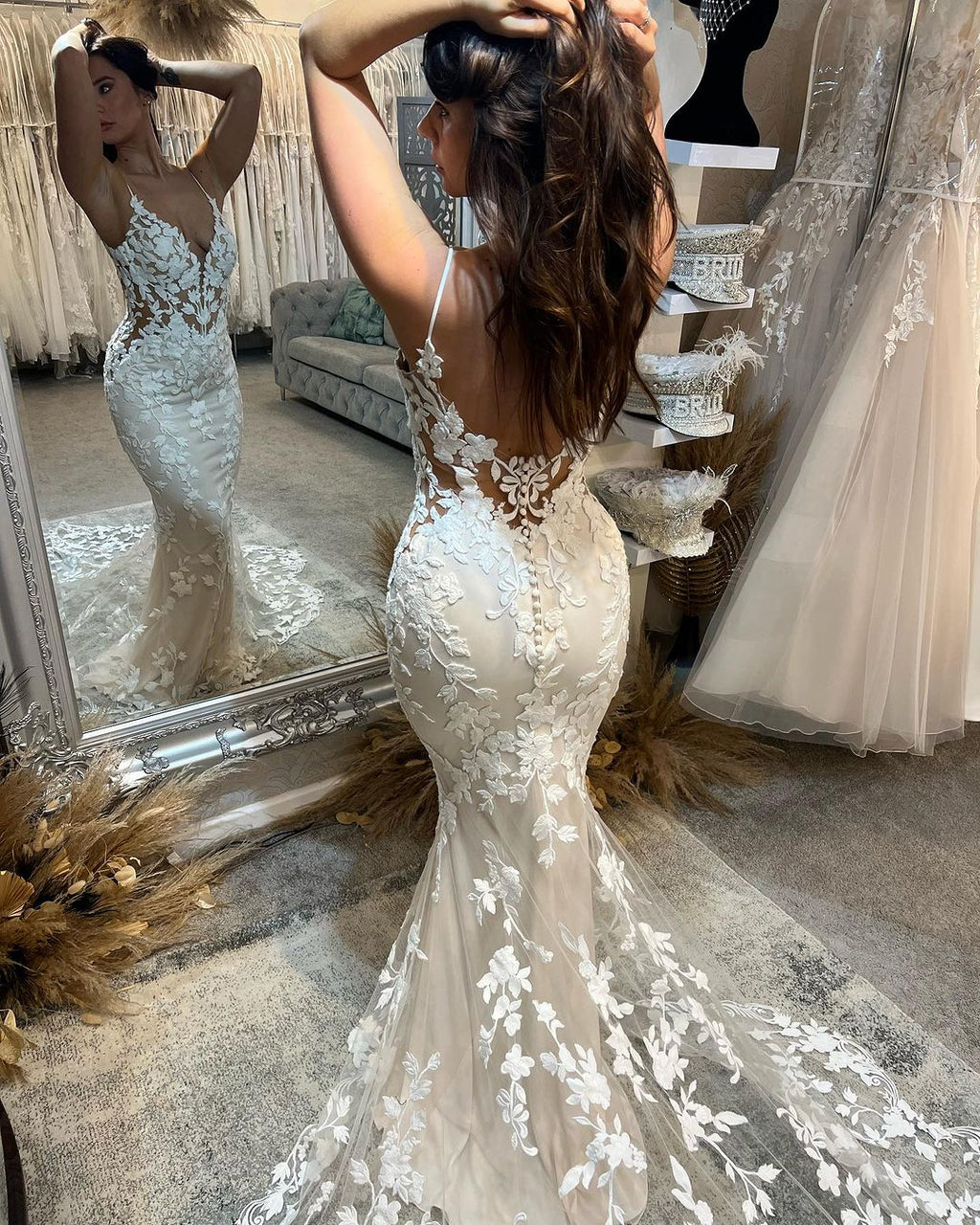 Charming Long Mermaid Spaghetti Strap Appliqué V Neck Wedding Dress With Train