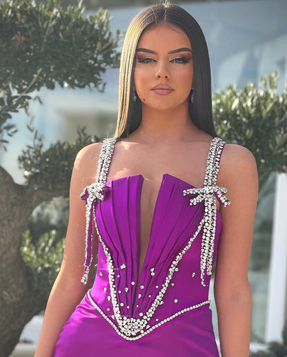 Charming Long Mermaid Straps Floor Length Rhinestones Prom Dress With Slit