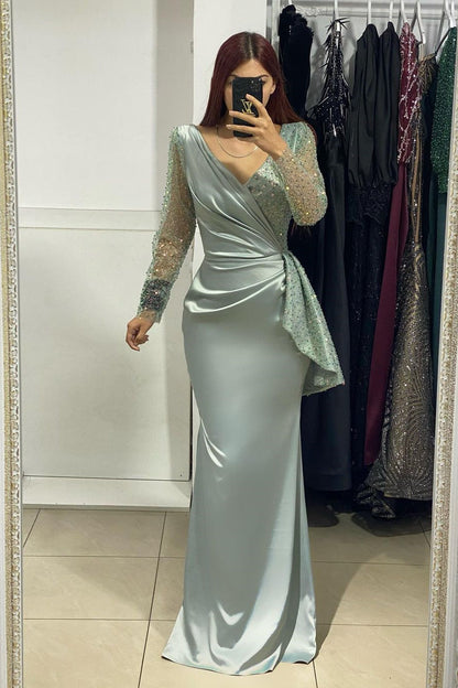 Charming Long V-Neck Long Sleeves Mermaid Prom Dress With Rhinestone
