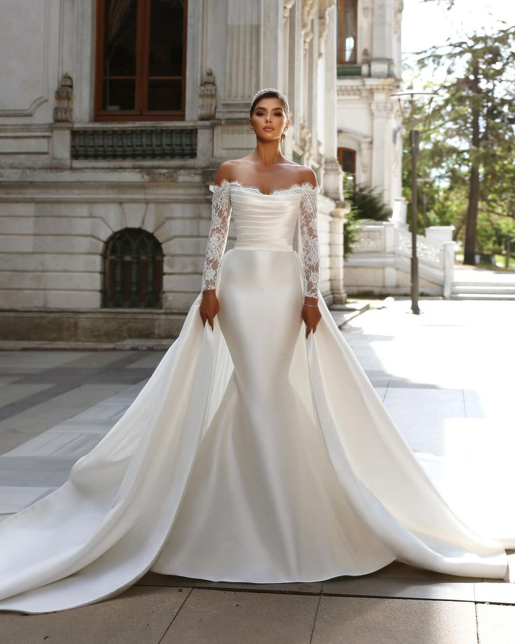 Long White Mermaid Lace Wedding Dress Off The Shoulder Detachable Train