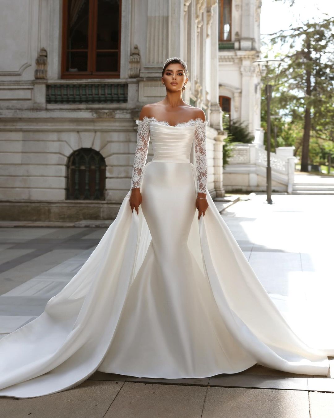 Long White Mermaid Lace Wedding Dress Off The Shoulder Detachable Train