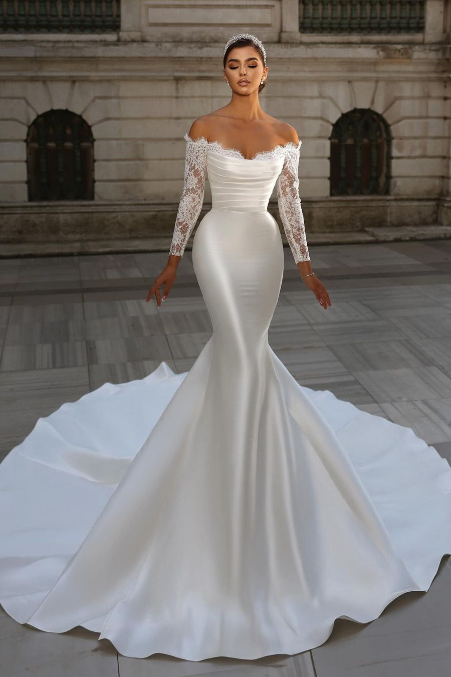 Long White Mermaid Lace Wedding Dress Off The Shoulder Detachable Train