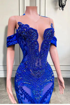 Incantevole abito da sera sirena blu reale con cristalli e perline, scollatura a spalle scoperte