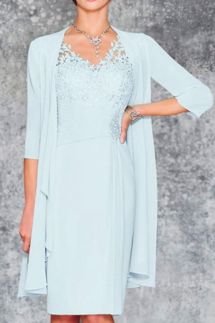Charmantes kurzes mintgrünes Chiffon-Spitzenkleid für die Brautmutter mit Jacke