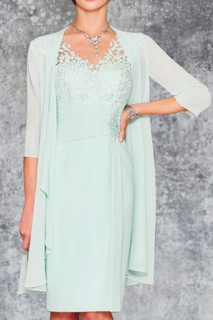 Encantador vestido corto de gasa color menta con encaje para madre de la novia con chaqueta