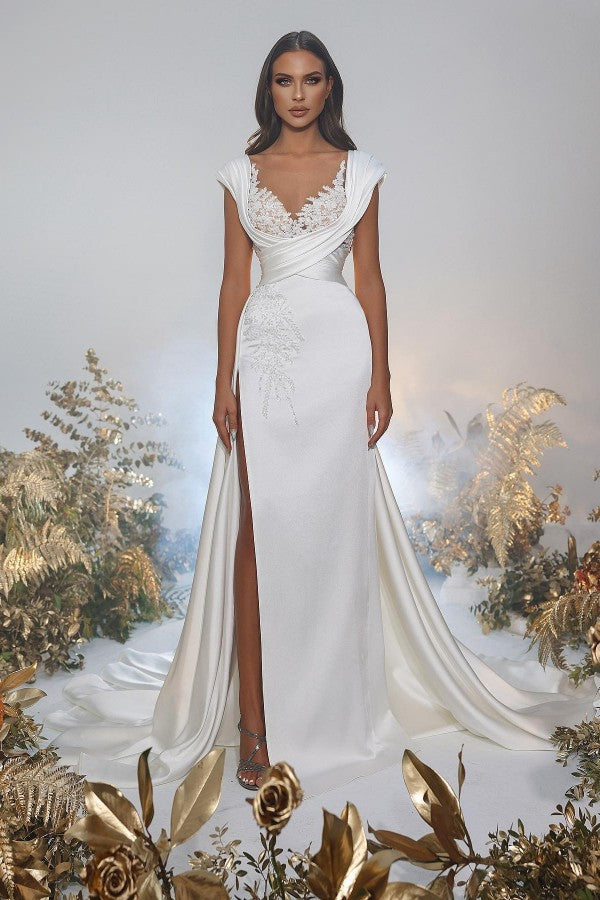 Lange Meerjungfrau Sweetheart Satin Spitze Brautkleider mit Schlitz