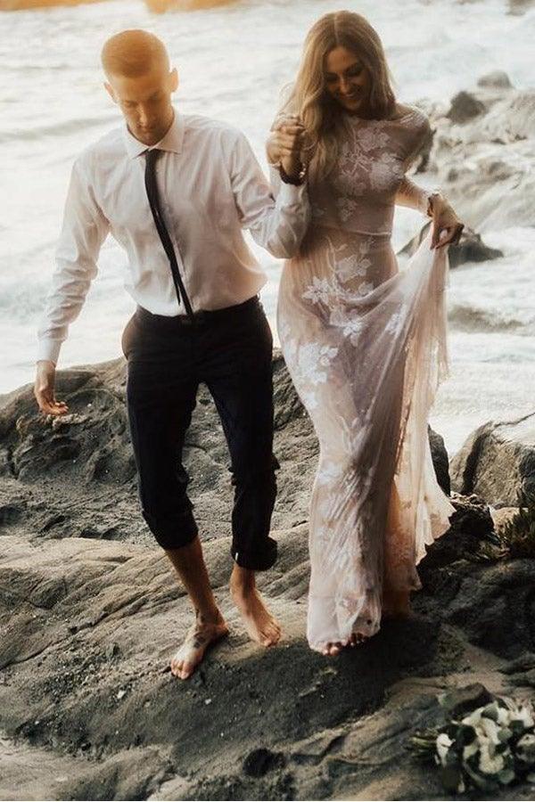 Charmantes Bateau-Spitzen-Strandhochzeitskleid mit langen Ärmeln